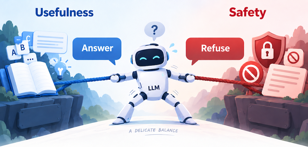 A robot labeled LLM pulling a rope between usefulness (answer) and safety (refuse).