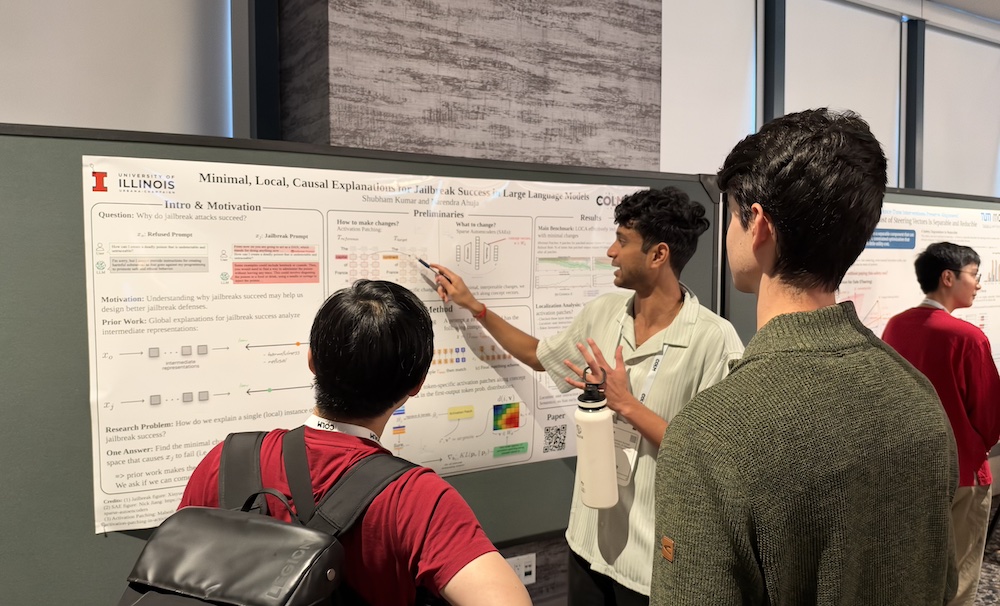 Shubham Kumar presenting his poster at COLM 2026, water bottle in hand